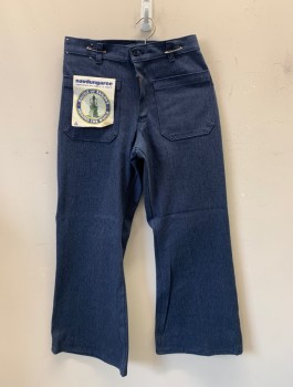 Mens, Jeans, NAV DUNGAREE, Denim Blue, Cotton, Polyester, Solid, Ins:29, W:28, Sailor Style Bell Bottoms, Indigo Stiff Denim, 4 Patch Pockets (2 in Front, 2 in Back), Zip Fly, Belt Loops