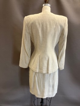 GIORGIO ARMANI, Ecru, Viscose, Cotton, Abstract , Paisley/Swirls, Embroiderred Texture, SB. 2 Btns, Squared Off Surplice V-N, Princess Seams, Self Bound Hem/placket Turns Into Yoke Insert Detail, Shoulder Pads, Lined, 40s Look