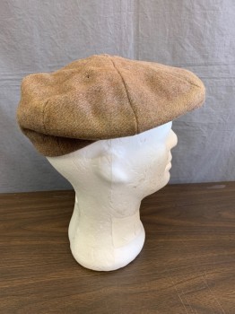 Mens, Hat, PORTIS, Lt Brown, Wool, Cashmere, 1/8, 7, Traditional 8 Panel Newsboy , Two Color of Yarns Bluish and Reddish Wool Woven Using  Herringbone Weave Into Solid Tweed, Snap Brim Slight Wear and Faded on Edge of Cap ,small Hole Backside Right Panel