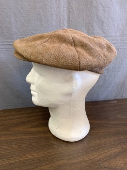 Mens, Hat, PORTIS, Lt Brown, Wool, Cashmere, 1/8, 7, Traditional 8 Panel Newsboy , Two Color of Yarns Bluish and Reddish Wool Woven Using  Herringbone Weave Into Solid Tweed, Snap Brim Slight Wear and Faded on Edge of Cap ,small Hole Backside Right Panel