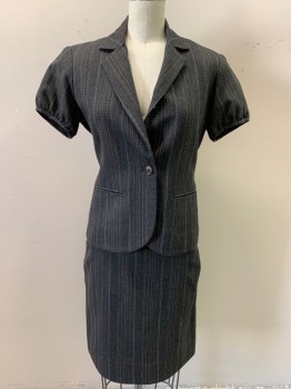 Womens, Suit, Jacket, A. PRIME CUSTOM, Dk Gray, Beige, White, Polyester, Wool, Stripes - Pin, Stripes - Vertical , B: 34, S/S, Notched Lapel, Single Breasted, Button Front, 1 Button, 2 Pockets, Belted Back