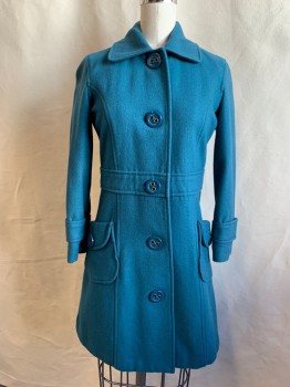 Womens, Coat, TULLE, Turquoise Blue, Wool, Viscose, Solid, B 34, XS, Large Round Plastic Button Front, Collar Attached, Attached Waistband, Princess Seams, 2 Pockets with Flaps, Faux Belted Cuffs