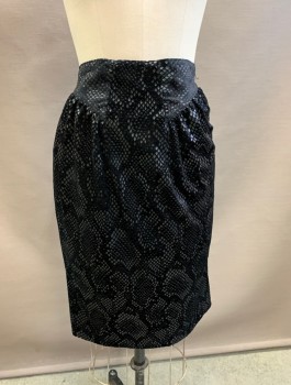 Womens, Skirt, N/L, Black, Synthetic, Reptile/Snakeskin, H:42, W29-32, Pencil Skirt, Velvet with Synthetic Snake Scales Pattern, Knee Length, Diagonal Gathers at Hips