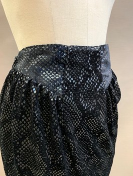 N/L, Black, Synthetic, Reptile/Snakeskin, Pencil Skirt, Velvet with Synthetic Snake Scales Pattern, Knee Length, Diagonal Gathers at Hips