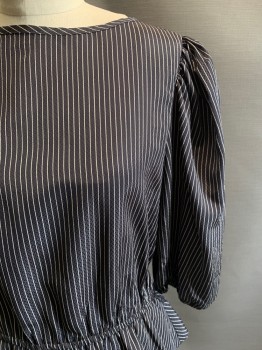 Womens, Dress, CHARLIE ALLISON, Black, White, Polyester, Stripes - Vertical , 4, Long Puff Sleeves, Round Neck, Elastic Waist Band, Flared Waist, Missing Back Button