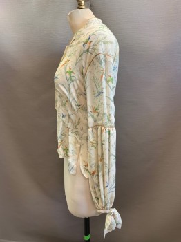 Womens, Historical Fiction Blouse, NL, Beige, Green, Blue, Yellow, Orange, Rayon, B: 34, Bird, Floral, & Leaf Pattern, Mandarin Collar, Button Front, Long Sleeves, Orange, Golden Sand, & Brown Piping on Sleeves & Neck, Tie Up Cuffs, Side Slits
