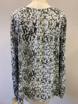 Womens, Blouse, BAR III, White, Gray, Lt Gray, Polyester, Novelty Pattern, XL, Pullover, Faux Surplus, Long Sleeves,