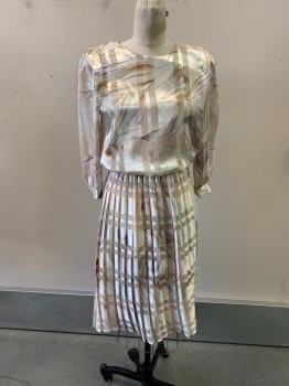 NL, Cream, Lt Gray, Lt Pink, Gold Metallic, Silk, Stripes, Abstract , Round Neck, Gathered A Wist, Pleated At Shoulders, Zip Back, Pleated Skirt, L/S, Hem Below Knee