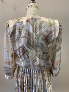 NL, Cream, Lt Gray, Lt Pink, Gold Metallic, Silk, Stripes, Abstract , Round Neck, Gathered A Wist, Pleated At Shoulders, Zip Back, Pleated Skirt, L/S, Hem Below Knee