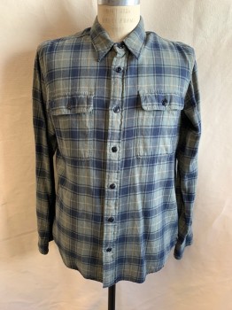 Mens, Casual Shirt, FILSON, Olive Green, Navy Blue, Khaki Brown, Cotton, Plaid, M, Collar Attached, Button Front, 2 Chest Pockets, Long Sleeves