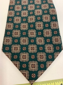 Mens, Tie, AMHERST & BROCK, Forest Green, Taupe, Khaki Brown, Dk Brown, Silk, Medallion Pattern, Squares, O/S, Four in Hand,