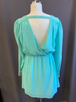 Womens, Dress, Long & 3/4 Sleeve, A'GACI, Sea Foam Green, Silver, Polyester, Solid, L, Long Sleeves, V-neck, Elastic Waistband, Gathered Shoulders, Silver Beading and Clear Rhinestones on Cuffs, Strap on Back of Neck