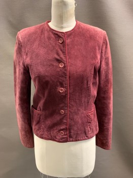 Womens, Leather Jacket, TALBOTS, Raspberry Pink, Suede, B:34, Round Neck, Single Breasted, B.F., 2 Pckts, Button Cuffs, Lightly Padded Shoulders, Princess Seams,  Braid Edge Piping Throughout
