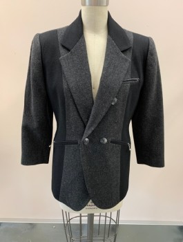 Womens, Blazer, JORDAN & COLE, Black, Charcoal Gray, Wool, Color Blocking, W:32, B:36, Petites, Double Breasted, Notched Lapel, 3 Zip Pckt,