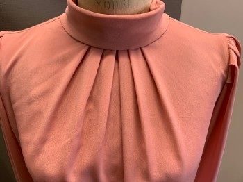 CAMPUS CASUALS, Dusty Pink, Polyester, Solid, Crepe, Pullover, Turtleneck with Back Self Tie, Pleated CF, Keyhole Back, L/S, Pleats @ Shoulders, Shoulder Pads