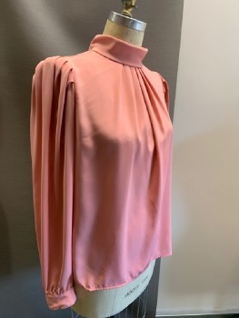 CAMPUS CASUALS, Dusty Pink, Polyester, Solid, Crepe, Pullover, Turtleneck with Back Self Tie, Pleated CF, Keyhole Back, L/S, Pleats @ Shoulders, Shoulder Pads