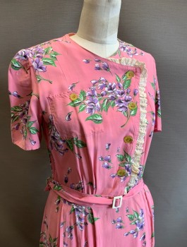 Womens, Dress, N/L, Bubble Gum Pink, Lavender Purple, Green, Rayon, Floral, W:30, B:34, Short Puffy Sleeves Gathered at Shoulders, Button Front with Asymmetrical Fold Over Closure, Cream Eyelet Trim, Round Neck,  1 Pocket at Chest, Straight Cut Skirt with Pleats, **Matching BELT, Small Holes at Back