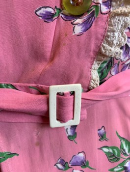 Womens, Dress, N/L, Bubble Gum Pink, Lavender Purple, Green, Rayon, Floral, W:30, B:34, Short Puffy Sleeves Gathered at Shoulders, Button Front with Asymmetrical Fold Over Closure, Cream Eyelet Trim, Round Neck,  1 Pocket at Chest, Straight Cut Skirt with Pleats, **Matching BELT, Small Holes at Back