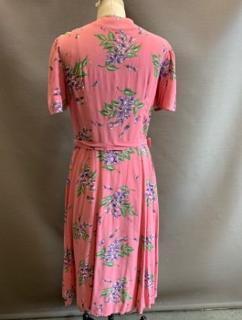 N/L, Bubble Gum Pink, Lavender Purple, Green, Rayon, Floral, Short Puffy Sleeves Gathered at Shoulders, Button Front with Asymmetrical Fold Over Closure, Cream Eyelet Trim, Round Neck,  1 Pocket at Chest, Straight Cut Skirt with Pleats, **Matching BELT, Small Holes at Back