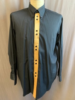 VENICE CUSTOM SHIRTS, Black, Gold, Cotton, Polyester, Solid, Stripes, Button Down Collar, Long Sleeves, Gold Satin Button Placket, Box Pleat Center Back, Multiple