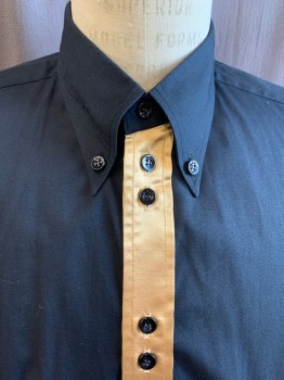 VENICE CUSTOM SHIRTS, Black, Gold, Cotton, Polyester, Solid, Stripes, Button Down Collar, Long Sleeves, Gold Satin Button Placket, Box Pleat Center Back, Multiple