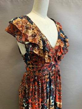 Womens, Dress, Short Sleeve, FREE PEOPLE, Multi-color, Tomato Red, Navy Blue, Beige, Mustard Yellow, Polyester, Viscose, Abstract , Floral, Sz.0, Maxi Dress, Chiffon, Flutter Cap Sleeves, V-Neck, Ruffle Along Neckline, 2 Ruffled Tiers Of Fabric At Hem