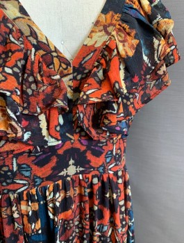 Womens, Dress, Short Sleeve, FREE PEOPLE, Multi-color, Tomato Red, Navy Blue, Beige, Mustard Yellow, Polyester, Viscose, Abstract , Floral, Sz.0, Maxi Dress, Chiffon, Flutter Cap Sleeves, V-Neck, Ruffle Along Neckline, 2 Ruffled Tiers Of Fabric At Hem