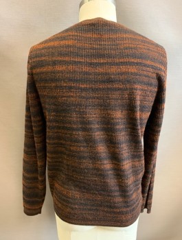 Mens, Pullover Sweater, JOHN VARVATOS, Black, Rust Orange, Wool, Acrylic, Abstract , Stripes - Horizontal , L, Rib Knit, L/S, V-Neck