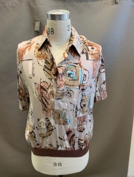 Mens, Shirt, N/L, Tan Brown, Taupe, Brown, Teal Blue, Terracotta Brown, Rayon, Abstract , L, Banded Bottom 4 Button Polo S/S 1 Pocket @ Front