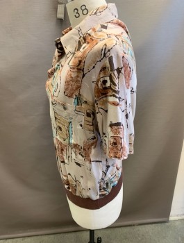 Mens, Shirt, N/L, Tan Brown, Taupe, Brown, Teal Blue, Terracotta Brown, Rayon, Abstract , L, Banded Bottom 4 Button Polo S/S 1 Pocket @ Front