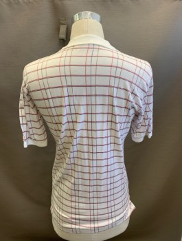 OSCAR DE LA RENTA, Dusty White, Red Burgundy, Brown, Cotton, Grid , C.A., 1/4 B.F., S/S, White Collar, White Cuff, Multiples, *Red Pen Mark Stain On Front