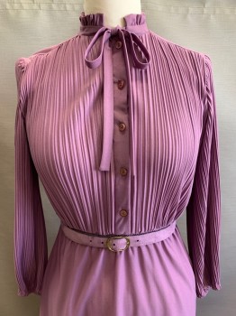 Womens, 1980s Vintage, Dress, BOSTON MAID, Purple, Polyester, Solid, W 30, B 36, Dress, L/S, Button Front, Pleated, Ruffled Collar with Neck Tie, Elastic Waist Band