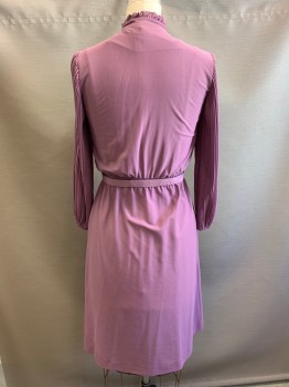 Womens, 1980s Vintage, Dress, BOSTON MAID, Purple, Polyester, Solid, W 30, B 36, Dress, L/S, Button Front, Pleated, Ruffled Collar with Neck Tie, Elastic Waist Band