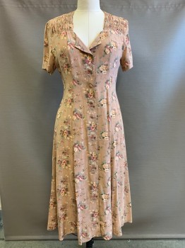 NO LABEL, Dusty Rose Pink, Pink, Lt Orange, Dusty Green, Polyester, Cotton, Floral, S/S, Button Front, Pleated Shoulder, Missing Bottom Buttons,