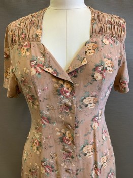 Womens, Dress, NO LABEL, Dusty Rose Pink, Pink, Lt Orange, Dusty Green, Polyester, Cotton, Floral, W32, B39, S/S, Button Front, Pleated Shoulder, Missing Bottom Buttons,
