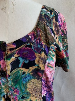 STARINA, Green, Purple, Multi-color, Rayon, Floral, Scoop Neck, S/S, Button Front, Black Bg, Gold and Maroon and Pink Colors