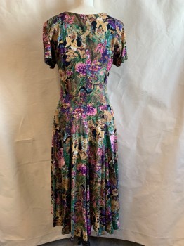 STARINA, Green, Purple, Multi-color, Rayon, Floral, Scoop Neck, S/S, Button Front, Black Bg, Gold and Maroon and Pink Colors