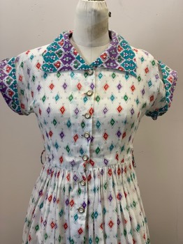 NO LABEL, White, Red, Teal Blue, Purple, Green, Polyester, Diamonds, S/S, Button Front, Collar Attached, Waist Band, Pleated, Made To Order,