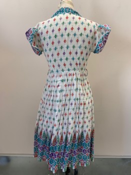 Womens, Dress, NO LABEL, White, Red, Teal Blue, Purple, Green, Polyester, Diamonds, W26, B34, S/S, Button Front, Collar Attached, Waist Band, Pleated, Made To Order,