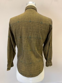 GIANNI VERSACE, Brown, Mustard Yellow, Cotton, Plaid, Green & Brown Small Embroidery Details, C.A., Button Front, L/S, 1 Pocket
