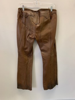 Mens, Historical Fiction Pants, MTO, Brown, Leather, 30/30, Lace Up Front, Silver Metal Grommets, Large Silver Metal Ring & Tab On Waist