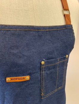 KOPADA, Denim Blue, Brown, Poly/Cotton, Solid, Deep Blue Denim, Brown Twill Neck Adjustable Neck Strap and Side Ties, 4 Pockets/Compartments,  Twill Accent Loop at Side of Pocket, Tan Top Stitching, Multiples