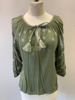 Womens, Blouse, LUCKY BRAND, Olive Green, Cotton, Viscose, Solid, S, Gauze, L/S, White Embroidery Stitching, Split Keyhole Neckline, Lace Tie with Tassels, Sleeves with Elastic Pearl Button