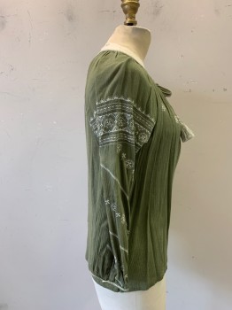 Womens, Blouse, LUCKY BRAND, Olive Green, Cotton, Viscose, Solid, S, Gauze, L/S, White Embroidery Stitching, Split Keyhole Neckline, Lace Tie with Tassels, Sleeves with Elastic Pearl Button