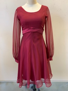NO LABEL, Red Burgundy, Silk, Polyester, Solid, L/S, Scoop Neck, Sheer, Waist Band, Back Zipper, Distressed,