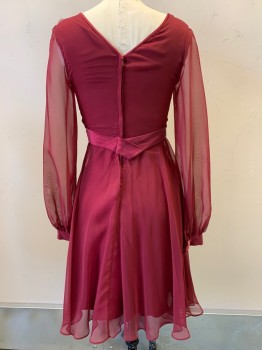 NO LABEL, Red Burgundy, Silk, Polyester, Solid, L/S, Scoop Neck, Sheer, Waist Band, Back Zipper, Distressed,