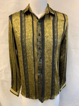 Mens, Casual Shirt, ASOS , Gold, Black, Viscose, Polyester, Stripes, Reptile/Snakeskin, XS, L/S, Button Front, Silky