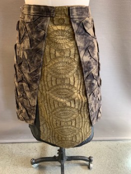 Womens, Sci-Fi/Fantasy Skirt, MTO, Brown, Mushroom-Gray, Khaki Brown, Tan Brown, Synthetic, Cotton, Mottled, W36, Velcro Snap On Waist Band, Front Slit, With Geometric Pleading Khaki Texture Panel On Front
