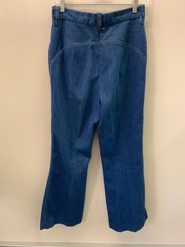 Womens, Jeans, NL, Denim Blue, Polyester, Cotton, W30, High Waist, Top Pockets, Zip Front, White Stitching, Bell Bottoms