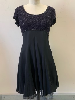 Womens, Evening Gown, BIEFF BASIX, Black, Purple, Silk, Beaded, Solid, W26, B30, S/S, Round Neck, Beaded Bust And Sleeves, Purple Stitching, Flared Bottom, Back Zipper,